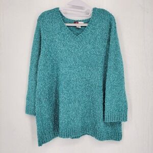 JM Collection Woman Teal Blue Green Boucle V-Neck Sweater Size 2X Plus Soft